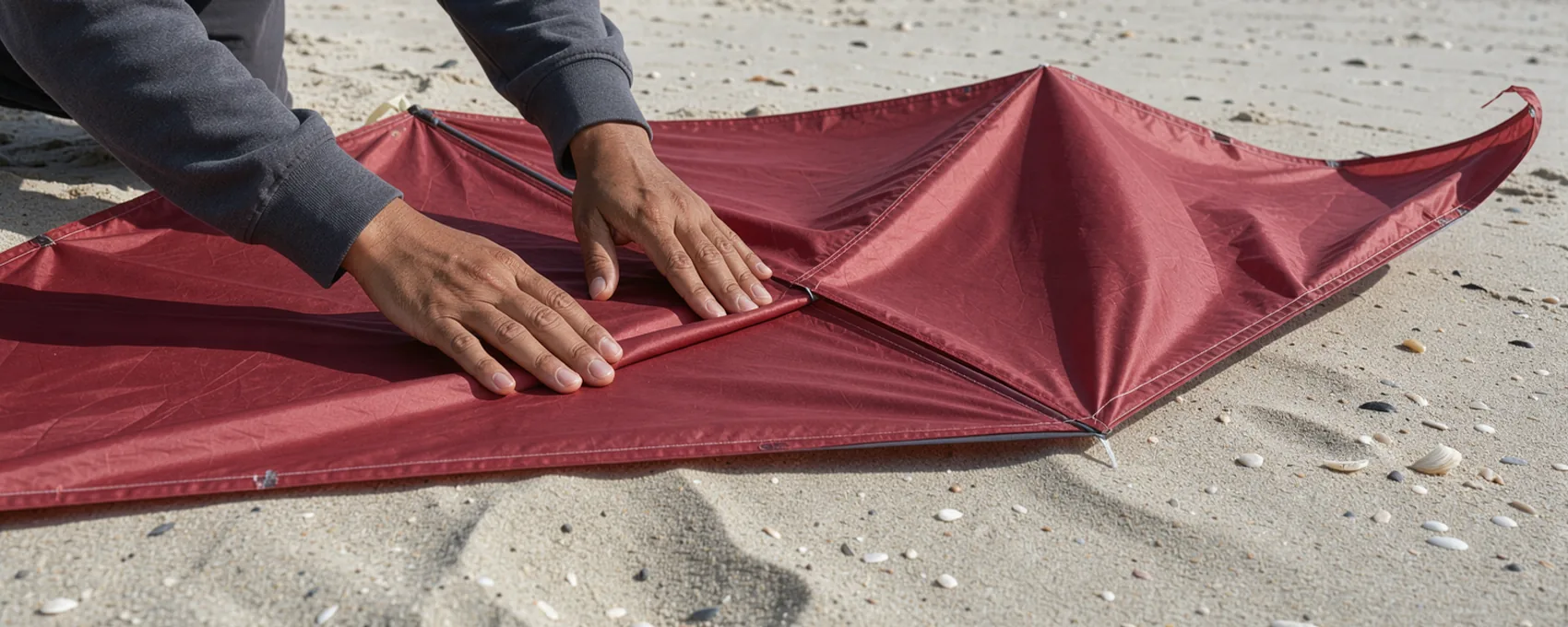 An adult's hands smooth a red silk kite on pale sand, with plenty of fabric left loose