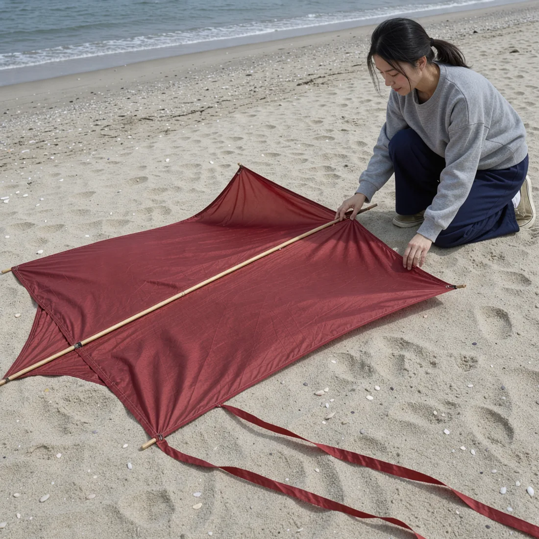 Deep-red silk kite spread on pale sand, with an adult's hand lightly holding one corner