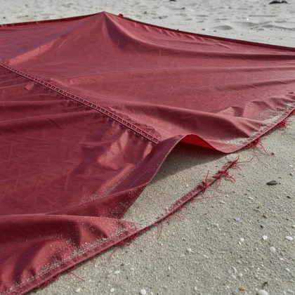 A close detail of a deep-red kite seam lifting above pale sand