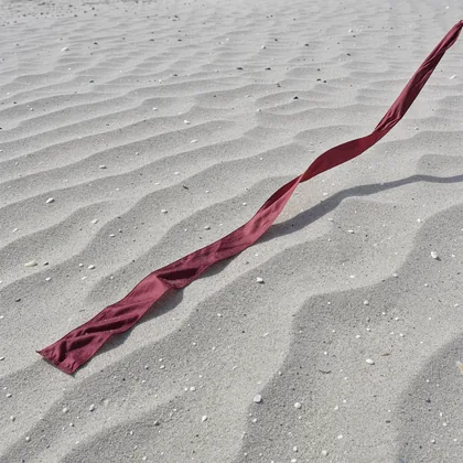 A loose red kite ribbon curves across pale sand beside a small natural ripple