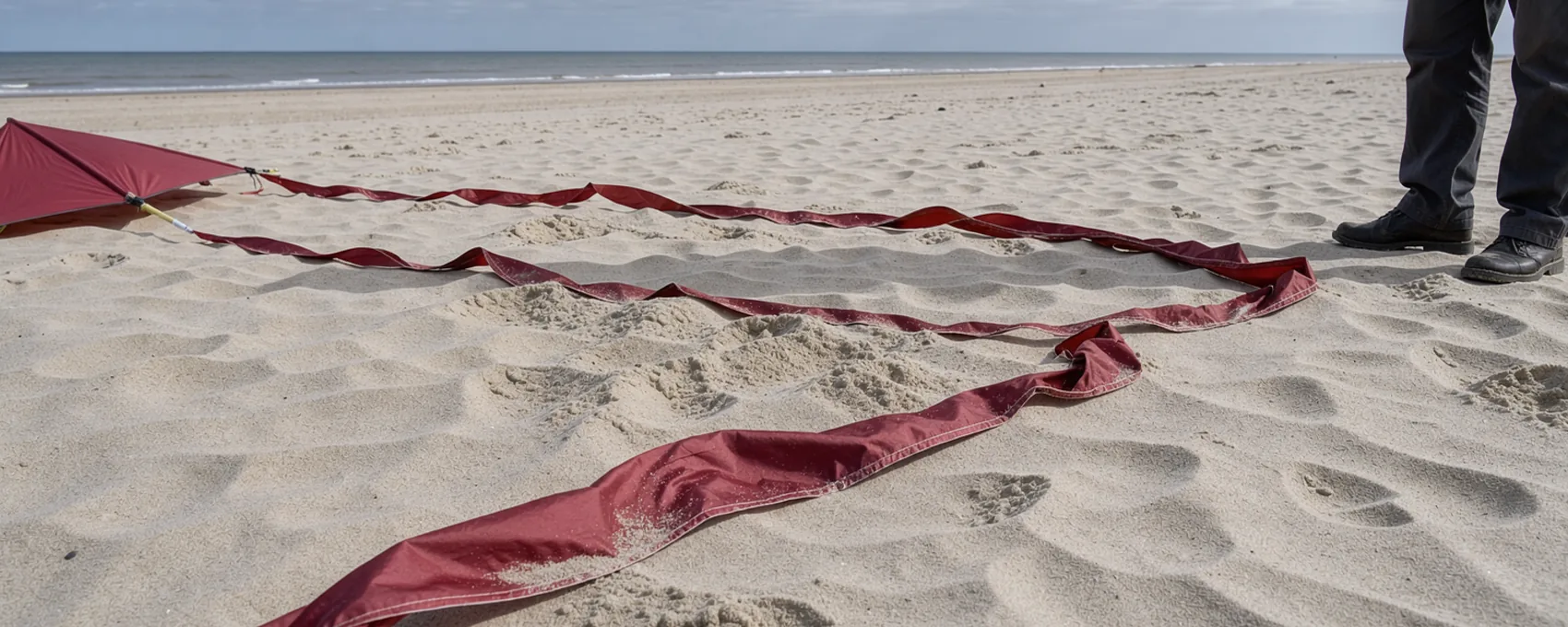 Three loose lengths of red kite ribbon lie at different distances on pale coastal sand