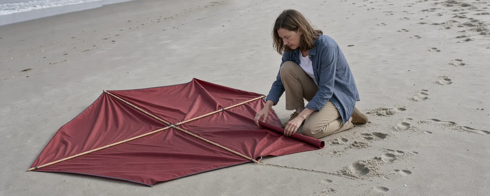 An ordinary adult pauses beside a deep-red silk kite spread across a quiet pale beach